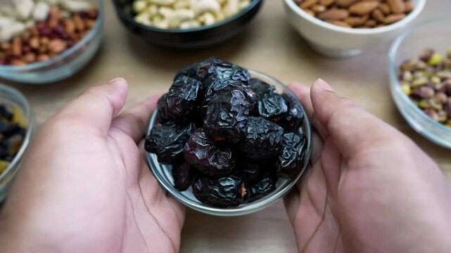 Bowl of Dried Dates with Nuts in Background, Hands holding a bowl of dark dried dates with nuts in the background