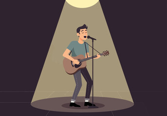 Man singing and playing guitar under a spotlight on stage.