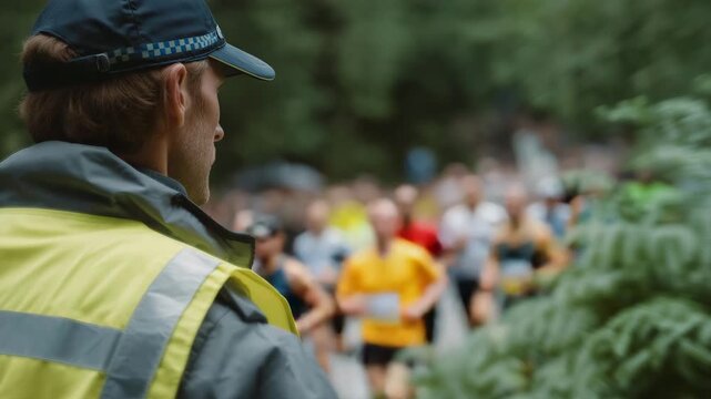 Traffic regulator coordinating vehicles during a marathon event, surrounded by runners, security personnel, and cheering spectators, symbolizing logistics mastery, event safety, and emotional focus