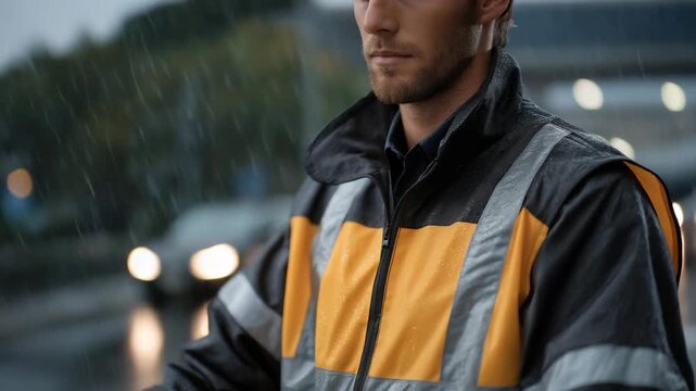 Traffic regulator maintaining order during heavy rain with reflective vest shining under headlights, symbolizing endurance, professionalism, urban safety management, and emotional resilience during