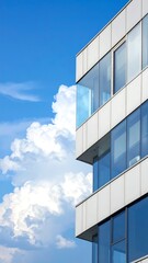 Modern building facade against a backdrop of fluffy white clouds in a blue sky