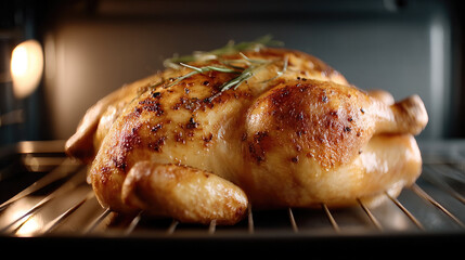 Fototapeta premium Golden roasted chicken with crispy skin and fresh rosemary on top, cooked in oven, savory and appetizing meal for dinner