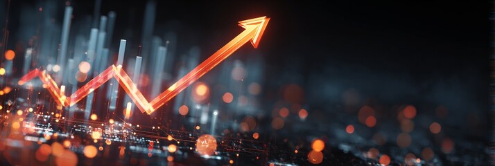 Futuristic 3D illustration showing a glowing orange arrow rising upward among digital bars and bokeh lights, symbolizing business growth, financial success, and data analytics.