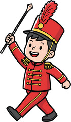 Cheerful Cartoon Drum Major Leading Marching Band Parade in Bright Red Uniform and Feathered Shako, Holding a Twirling Baton Symbolizing Music, Celebration, and Military Precision.