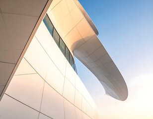 Modern building's flowing, geometric facade against a brilliant blue sky