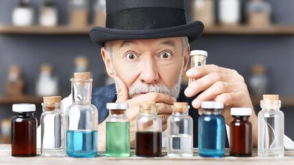 Eccentric old man in a black top hat with a surprised expression holding a small bottle, proposing new experimental medical solutions