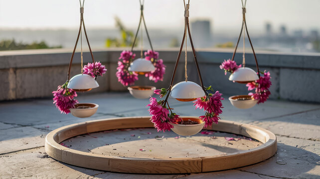 An aerial photograph of four colorful bird feeders arranged in a circular pattern on a gray concrete surface - Powered by Adobe