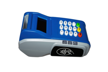 Blue Payment Terminal Side View on Transparent Background
