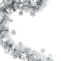 Silver tinsel garland with scattered snowflake accents