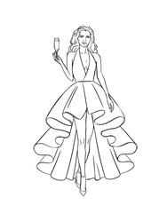 Fashion girl with champagne in an evening dress line outline coloring illustration