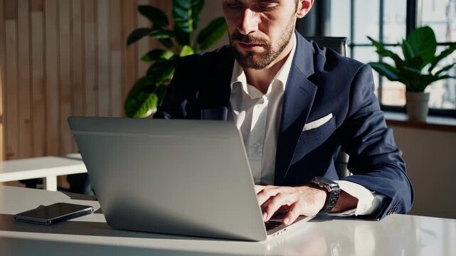 Man in suit sits at office desk, typing on laptop. Businessman focused on work, working hard in a professional office. Corporate setting, corporate mood, corporate dedication in every detail