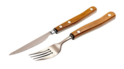 Wooden Handled Stainless Steel Fork Knife Kitchen Utensils Isolated Close Up