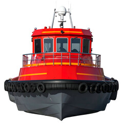 Red and gray vessel with orange stripe, facing forward, dark background