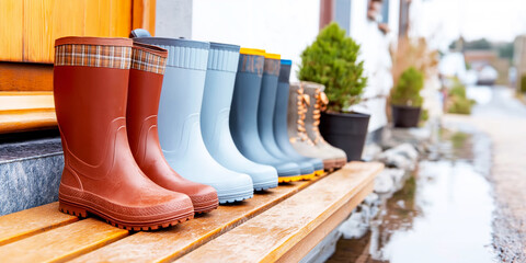 Row of various rubber boots standing on a wooden bench, depicting preparedness for rainy days, gardening, or outdoor family activities