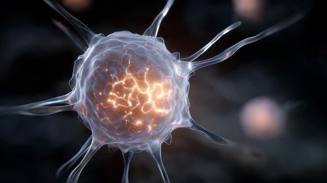 3D medical illustration of a biological cell with glowing transparent membrane and intricate filaments surrounding the nucleus, symbolizing biomedical engineering, molecular structure analysis, and