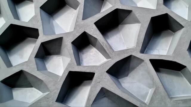 Geometric, abstract wall of interconnected, multi-faceted compartments in varying shades of grey