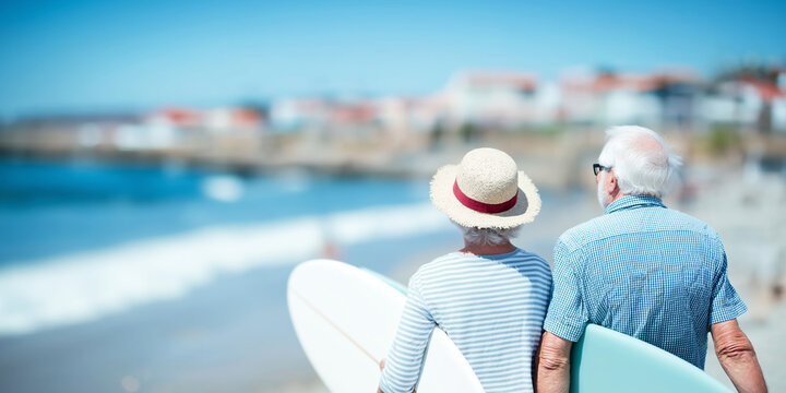 Senior couple walking on a sunny beach holding surfboards. Depicting active retirement, vitality, and a healthy lifestyle