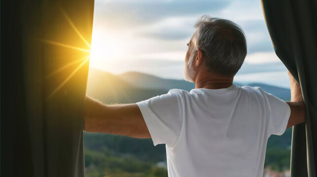 Senior man opening window curtains, looking at sunny mountain landscape. Concept of new beginnings, freedom, and tranquil retirement
