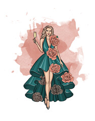 Beautiful girl with champagne in an evening dress illustration