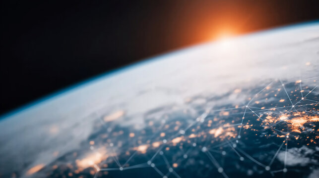 Earth from space revealing a global digital network overlay, connecting systems and cities with glowing lines and points