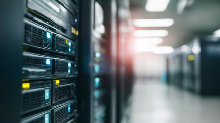 Server racks with glowing lights filling a high tech data center, illustrating cloud technology, network, and security
