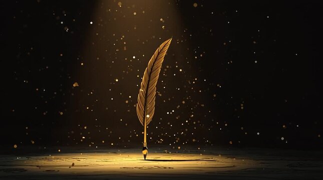 Golden Feather Quill Pen Surrounded by Sparkling Dust in a Dimly Lit Space Symbolizing Creativity and Inspiration