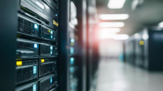 Server racks with glowing lights filling a high tech data center, illustrating cloud technology, network, and security