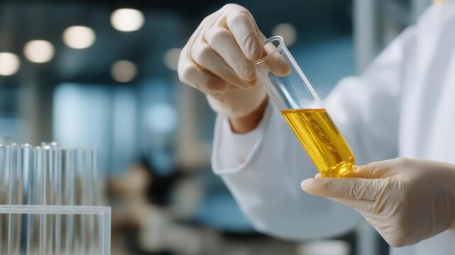 A futuristic laboratory scene reveals gloved hands lifting a glowing vial, representing biotechnology, genetic research, pharmaceutical development, and groundbreaking scientific discovery.