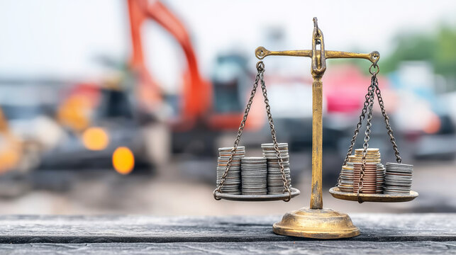 Old brass scale holding stacks of coins, representing financial investment, evaluation, and cost management in construction business