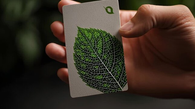 Eco card green leaf textured paper embossed detail sustainable design hand holding closeup view natural pattern evokes calm care ecofriendly concept