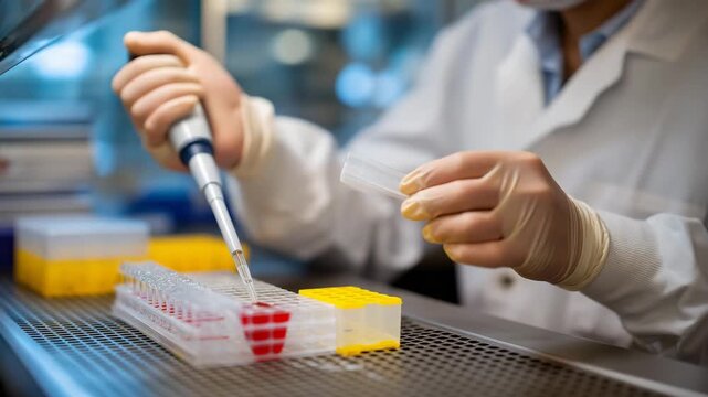 A researcher prepares viral vectors for gene editing in a virology lab, with pipettes dispensing, biosafety cabinets humming, viral stocks chilling, and gloves stacked, presented in a secure photo