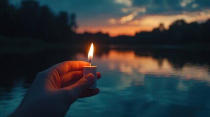 Lit match casting warm glow in a dark setting at dusk