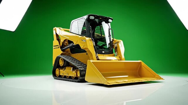 Yellow Compact Track Loader with Bucket on Green Screen Studio.