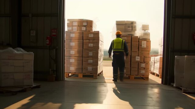 A worker in high-visibility clothing walks through a warehouse, past stacked boxes on pallets