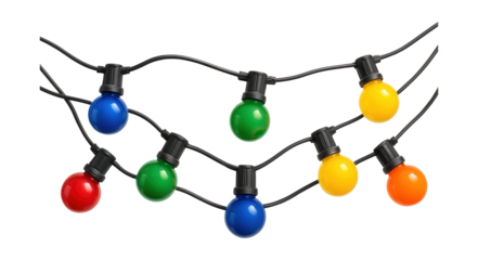 Multicolored outdoor string lights, perfect for festive garden decorations.