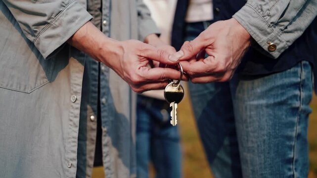 Hand passing key between people. Parent and child watch family home handover. Closeup shows exchange gesture and agreement. Realestate transfer symbol for new ownership. Useful for marketing use.