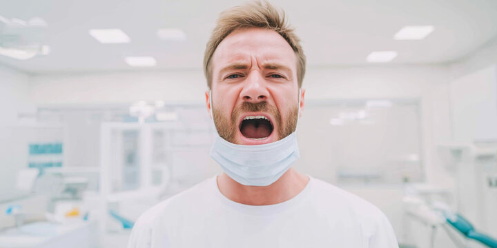 Young man experiencing discomfort and fear at a dentist appointment, mouth wide open with mask pulled down