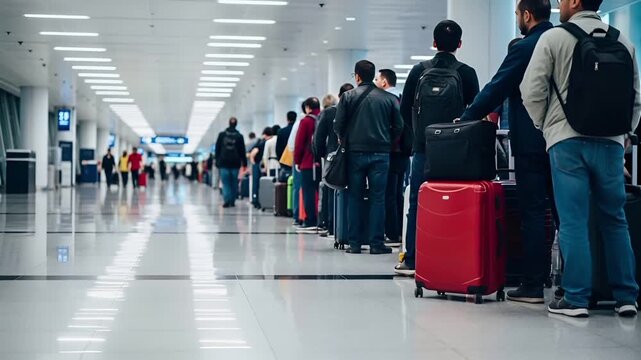 People in line at airport with luggage, traveling