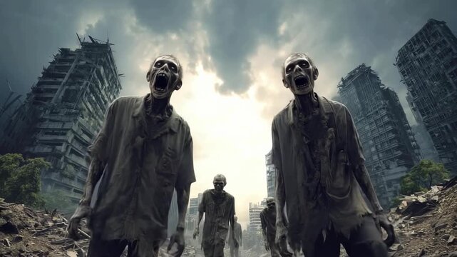 Scary zombies walking through ruined city after apocalypse under dark cloudy sky symbolizing horror and survival