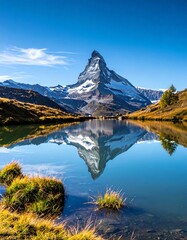 Majestic snow-capped peak mirrored in a calm alpine lake, vibrant scene
