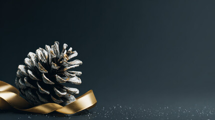 Shiny pine cone on black background with festive accent