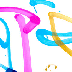 Vibrant, abstract paint strokes of pink, blue, and gold