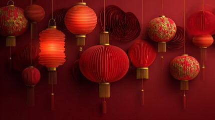 Elegant red and gold Chinese lanterns hanging against a deep red background with glowing light, perfect for Lunar New Year celebrations, Chinese festivals, and cultural event promotions.