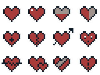 Fototapeta premium 8-bit pixel art red heart icon set
