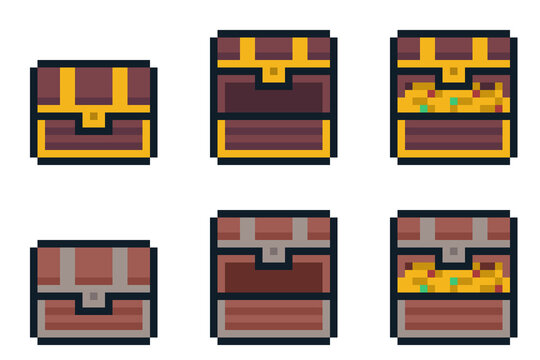 8-bit pixel art treausre chest icon set