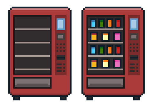 8-bit pixel art red vending machine with drinks and snacks