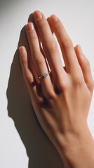 Elegant Diamond Ring on Woman&rsquo;s Finger &ndash; Close-Up Engagement and Wedding Concept, Romantic Jewelry Detail