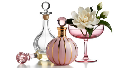 A product photography composition featuring three elegant perfume bottles and a white flower arrangement on a white background.