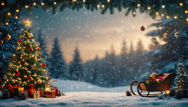 carte d&eacute;cor de No&euml;l, neige, sapin, cadeau, traineau, espace de copie pour texte