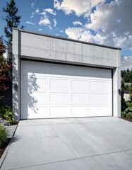 Modern concrete building with a white garage door and bright sky